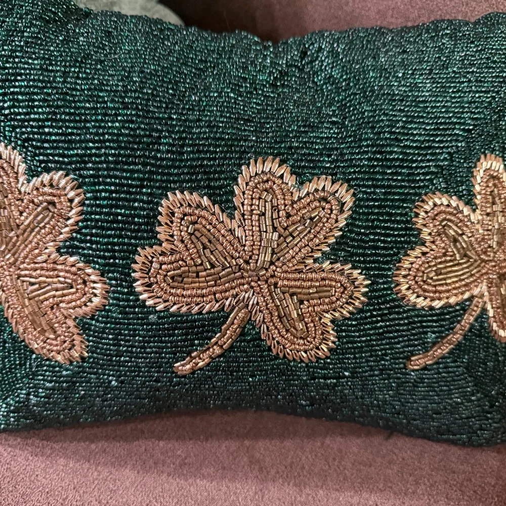 Lucky Lane Green Beaded Pillow with Gold Accents